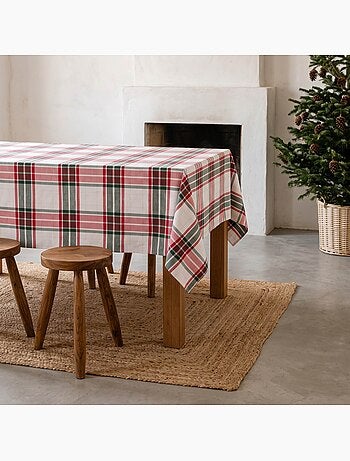 Toalha de mesa de natal em algodão texturizado com fio lurex em relevo, padrão tartan - gamusi.