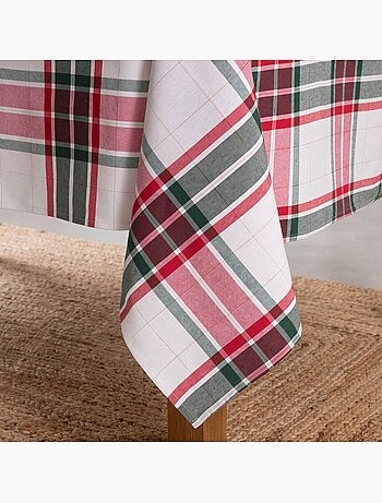 Toalha de mesa de natal em algodão texturizado com fio lurex em relevo, padrão tartan - gamusi.