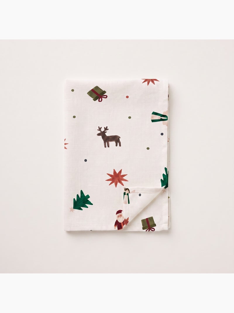 Toalha de mesa de natal impermeável com estampado de pai natal, renas, presentes e abetos - gamusi. Branco - Kiabi