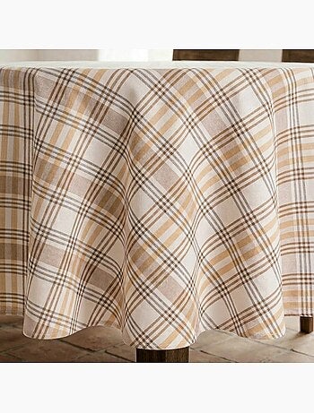Toalha de mesa redonda antinódoas com design tartan, toque e caimento natural - Gamusi.