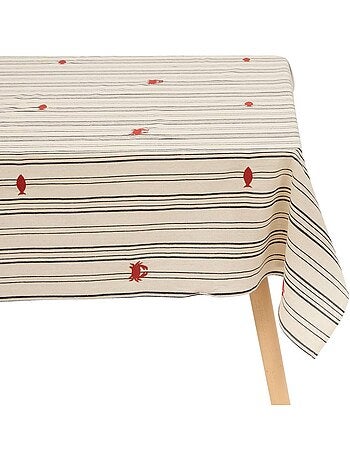 Toalha de mesa retangular em algodão com bordados marinhos