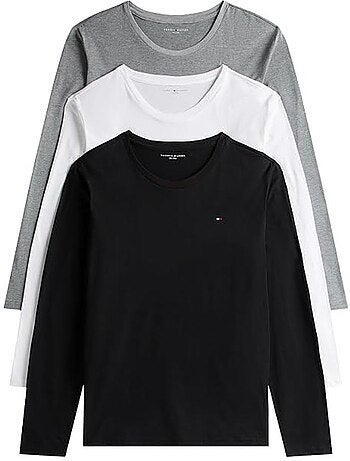 Tommy hilfiger lote de 3 t-shirts de manga comprida para homem - preto/branco/cinzento um0um03022