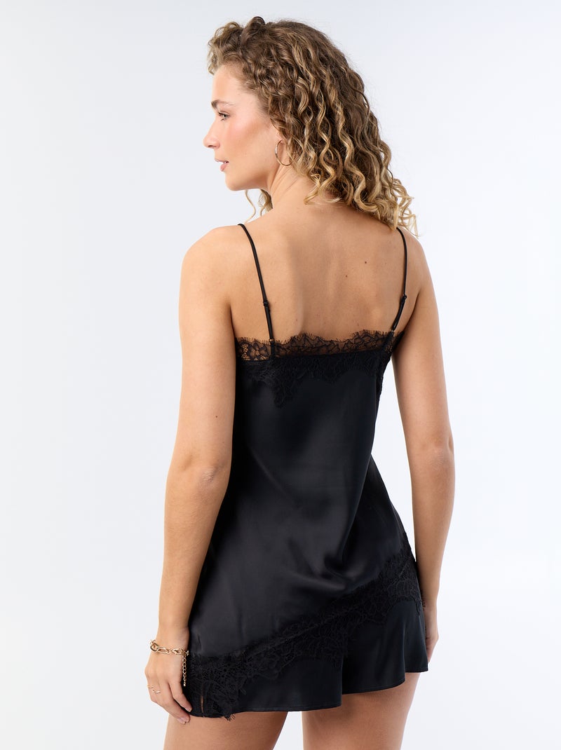 Top acetinado assimétrico com renda Preto - Kiabi