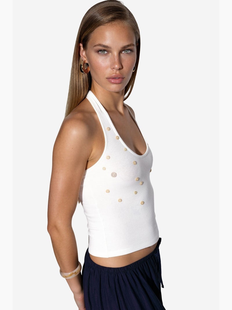 Top ajustado bordado busem Branco - Kiabi