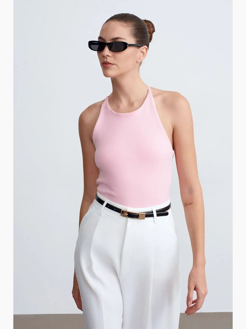 Top ajustado gola halter em jersey dilvin Rosa-pálido - Kiabi
