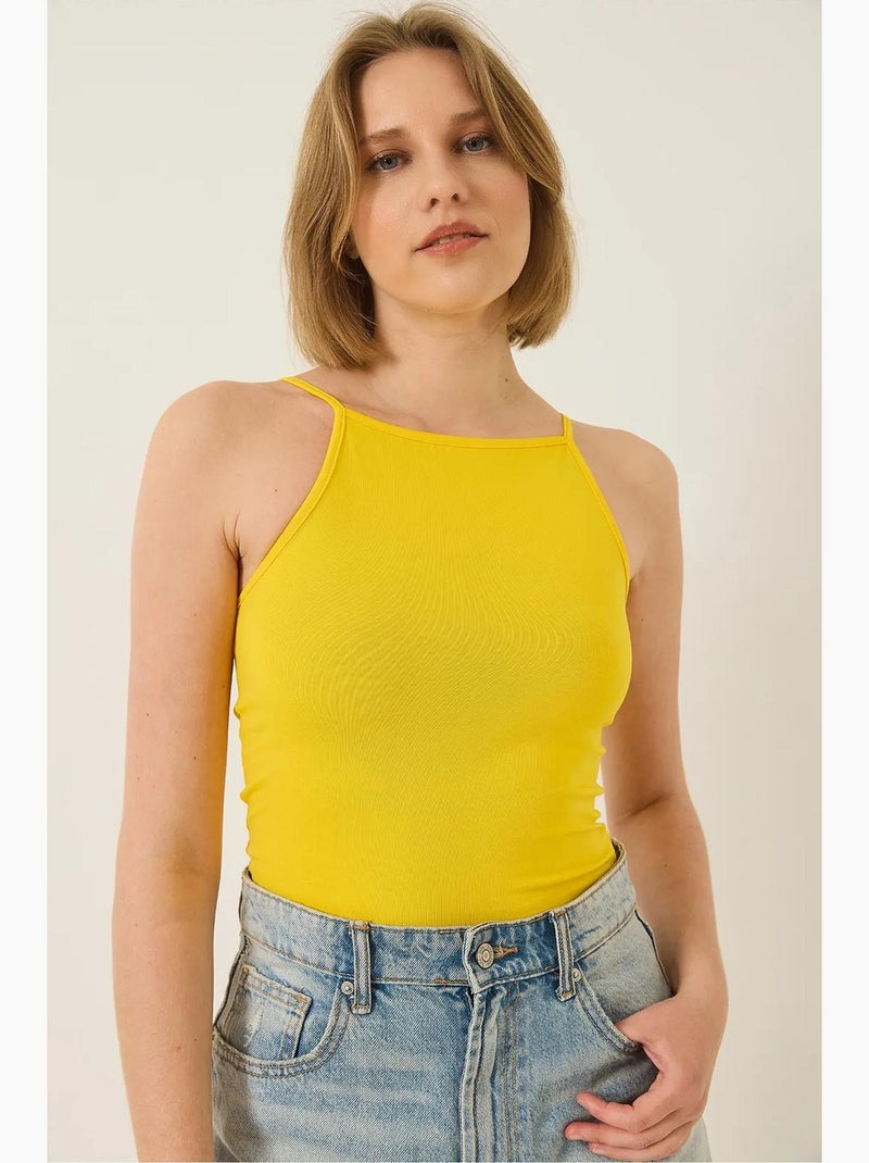 Top ajustado mistura de algodão decote halter lucci Amarelo-limão - Kiabi