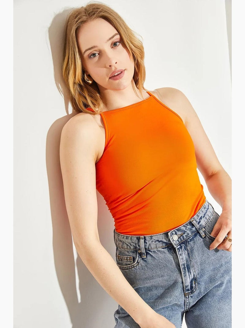 Top ajustado mistura de algodão decote halter lucci Laranja-mandarina - Kiabi