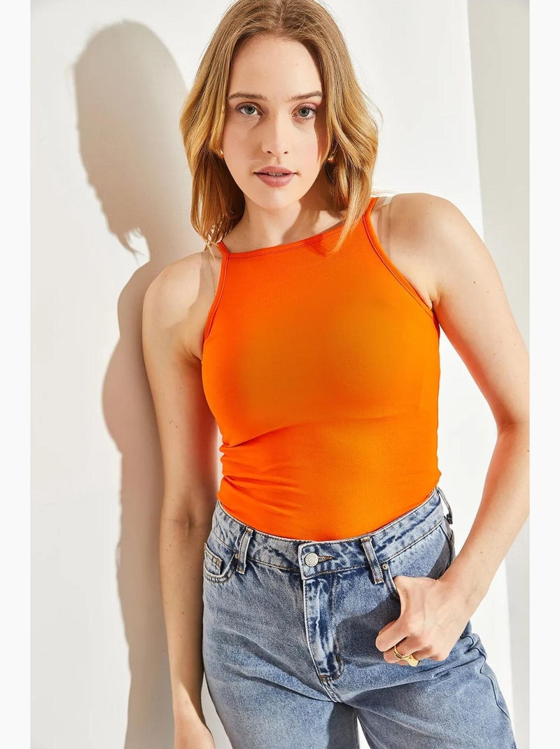Top ajustado mistura de algodão decote halter lucci Laranja-mandarina - Kiabi