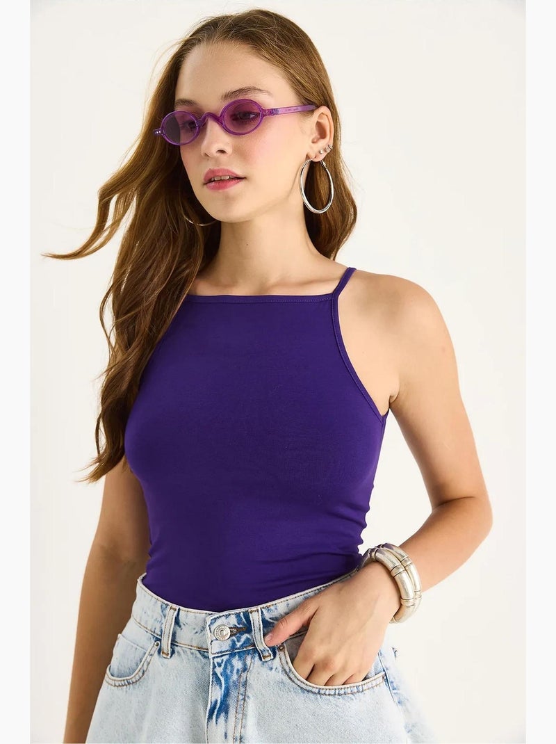 Top ajustado mistura de algodão decote halter lucci Roxo berinjela - Kiabi