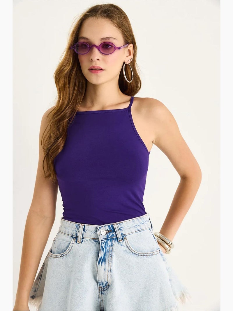 Top ajustado mistura de algodão decote halter lucci Roxo berinjela - Kiabi