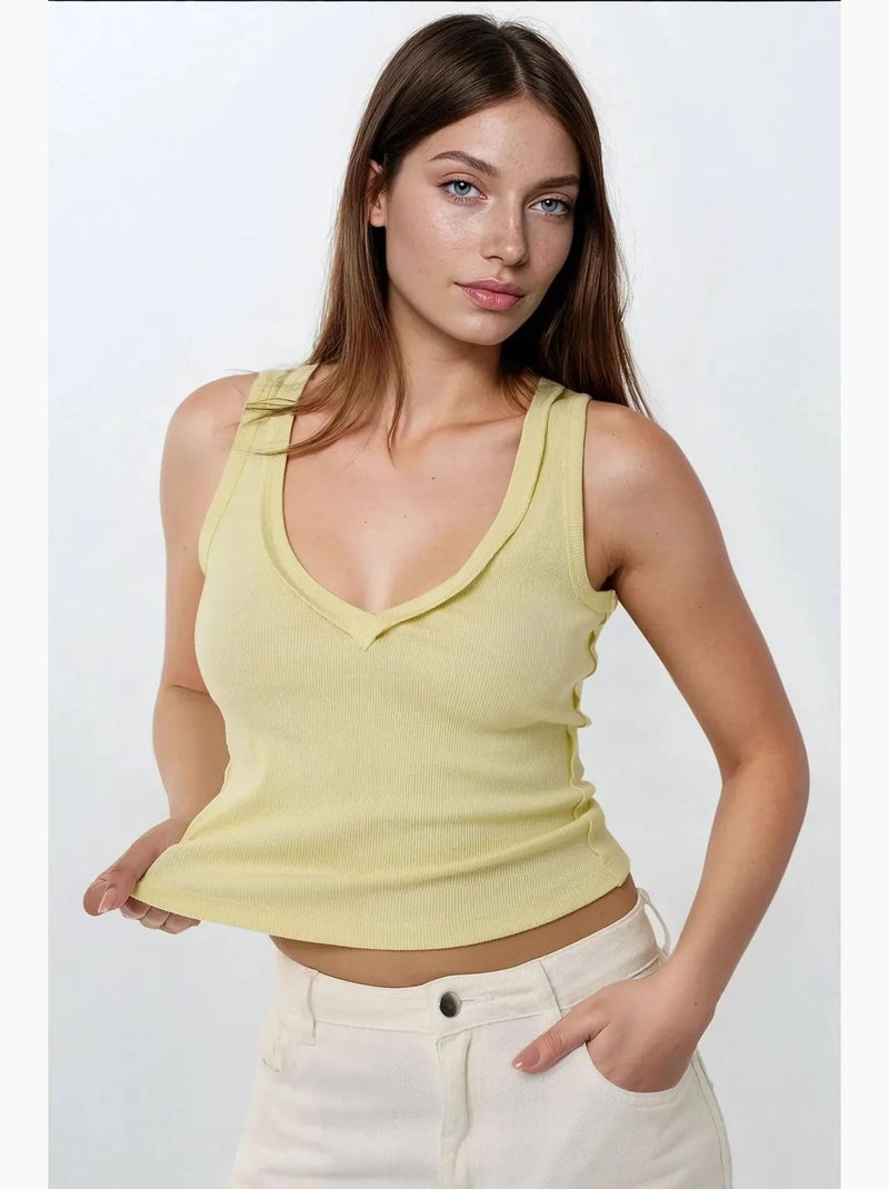 Top ajustado texturizado decote v costuras hiccup Amarelo - Kiabi