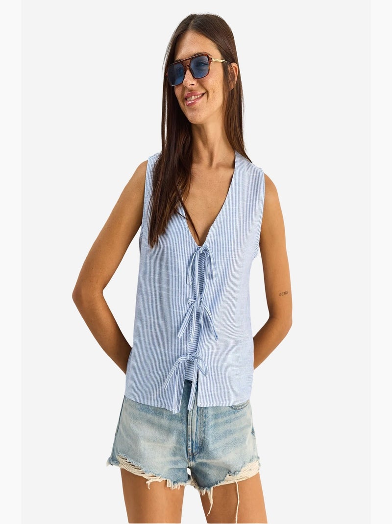 Top às riscas decote em v com laço lucci Azul-céu - Kiabi