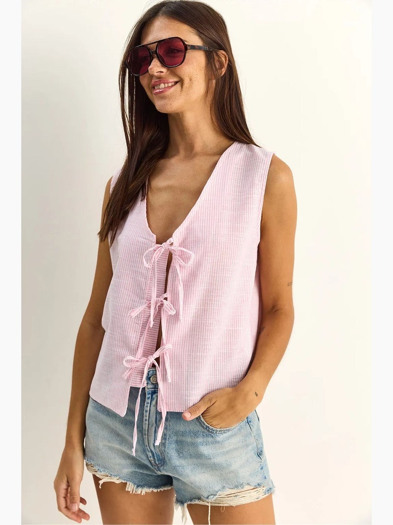 Top às riscas decote em v com laço lucci Rosa/Branco - Kiabi