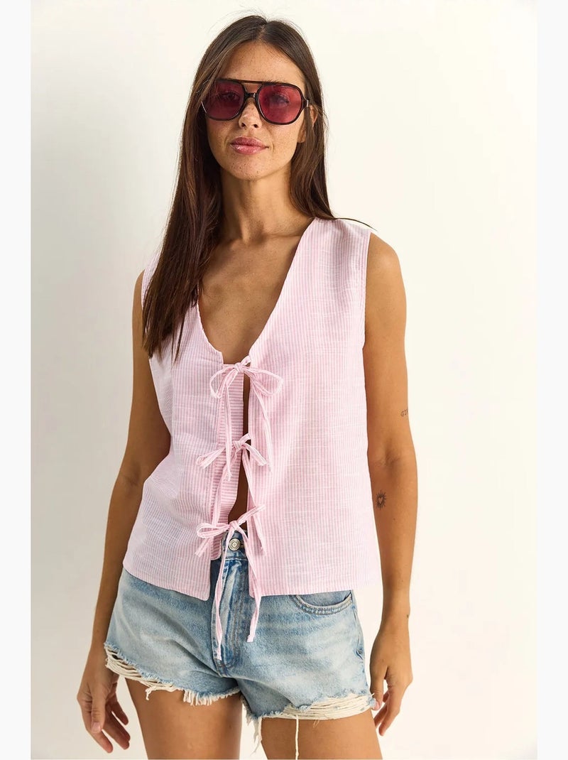 Top às riscas decote em v com laço lucci Rosa/Branco - Kiabi