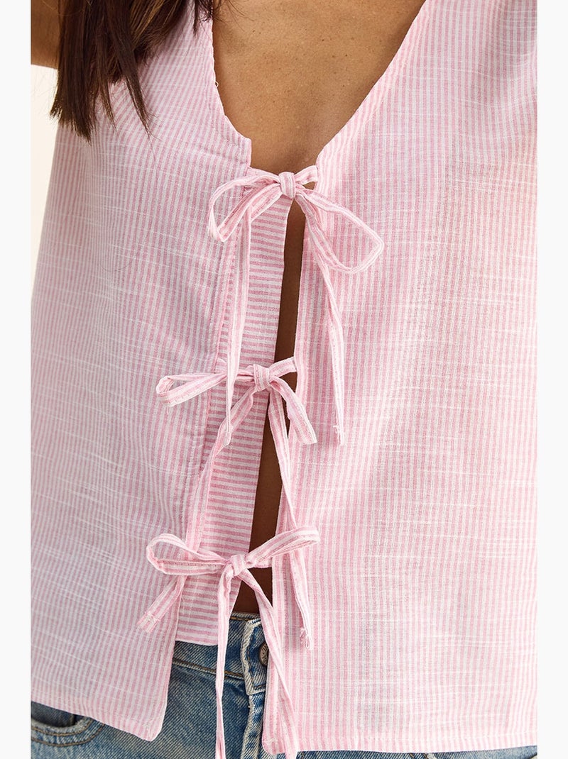 Top às riscas decote em v com laço lucci Rosa/Branco - Kiabi