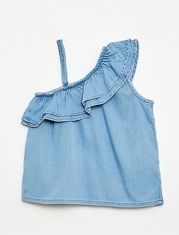 Top assimétrico com alças e gola com folhos