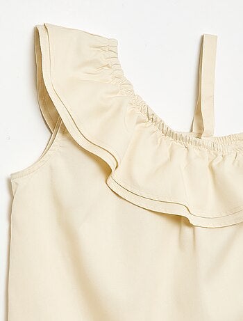 Top assimétrico com alças e gola com folhos