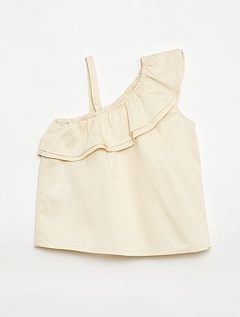 Top assimétrico com alças e gola com folhos