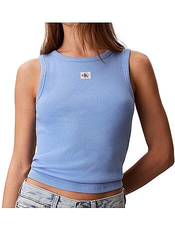 Top azul calvin klein jeans para mulher com etiqueta tecida