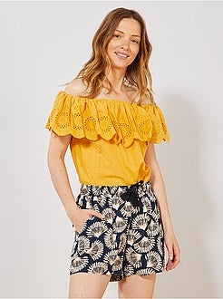 Top bardot a ponto cheio e bordado inglês - Kiabi