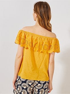 Top bardot a ponto cheio e bordado inglês - Kiabi