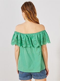 Top bardot a ponto cheio e bordado inglês - Kiabi