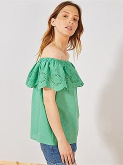 Top bardot a ponto cheio e bordado inglês - Kiabi