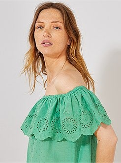 Top bardot a ponto cheio e bordado inglês - Kiabi