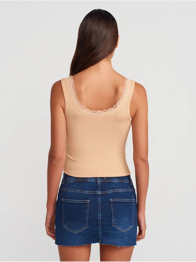 Top cami crop canelado em mistura de algodão dilvin Bege-argila - Kiabi