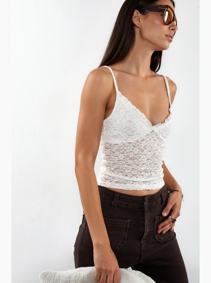 Top camisola canelado justo com decote em v busem Branco - Kiabi