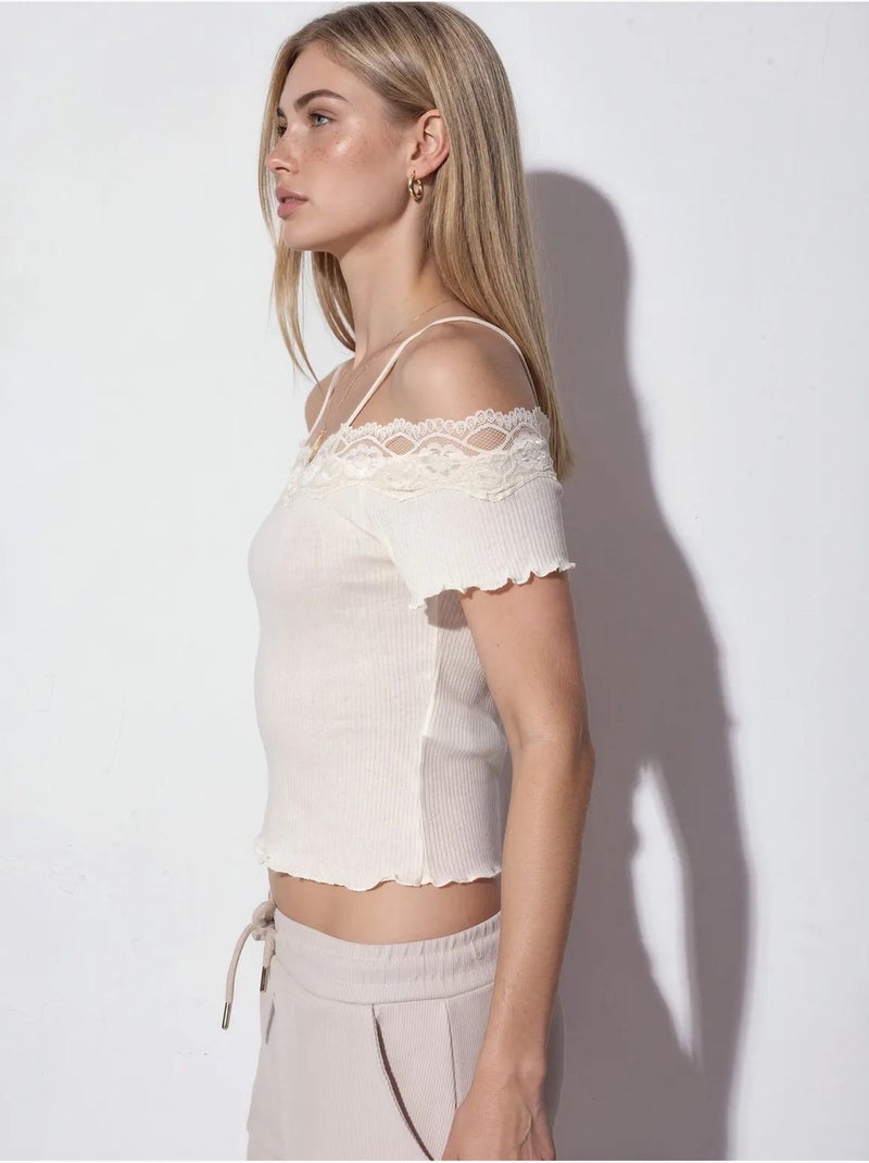 Top camisola de algodão canelado com decote quadrado busem Branco sujo - Kiabi