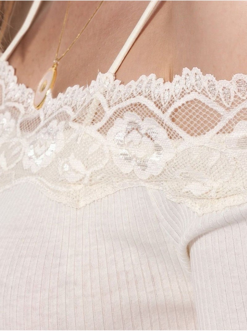 Top camisola de algodão canelado com decote quadrado busem Branco sujo - Kiabi