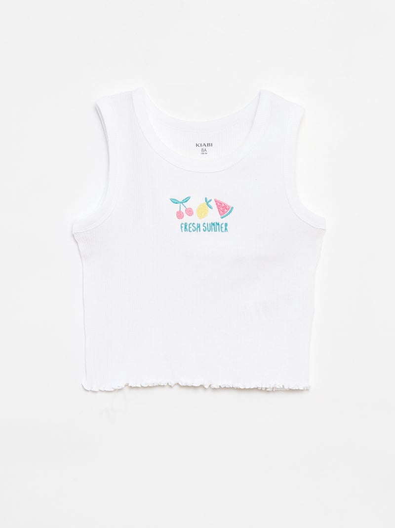 Top canelado bordado BRANCO - Kiabi
