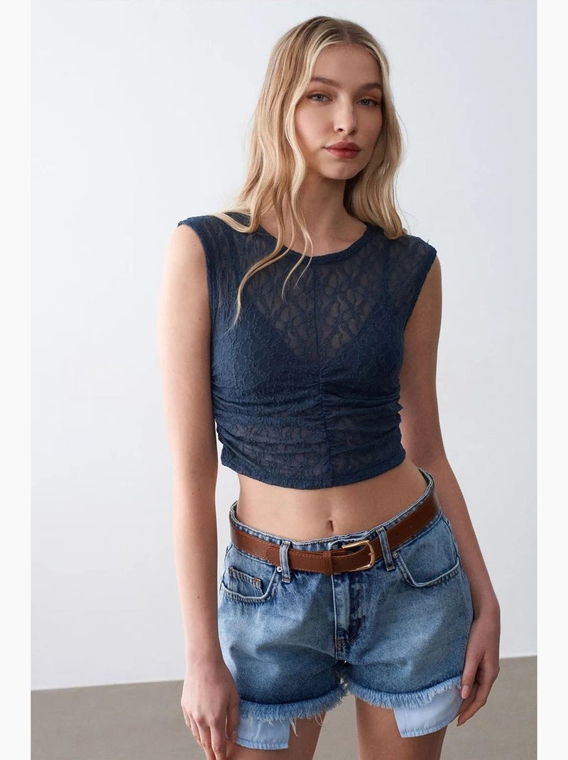 Top canelado com renda dilvin Azul-marinho - Kiabi