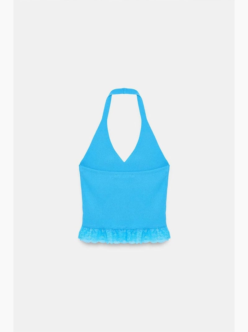 Top canelado decote v renda dilvin Azul-elétrico - Kiabi
