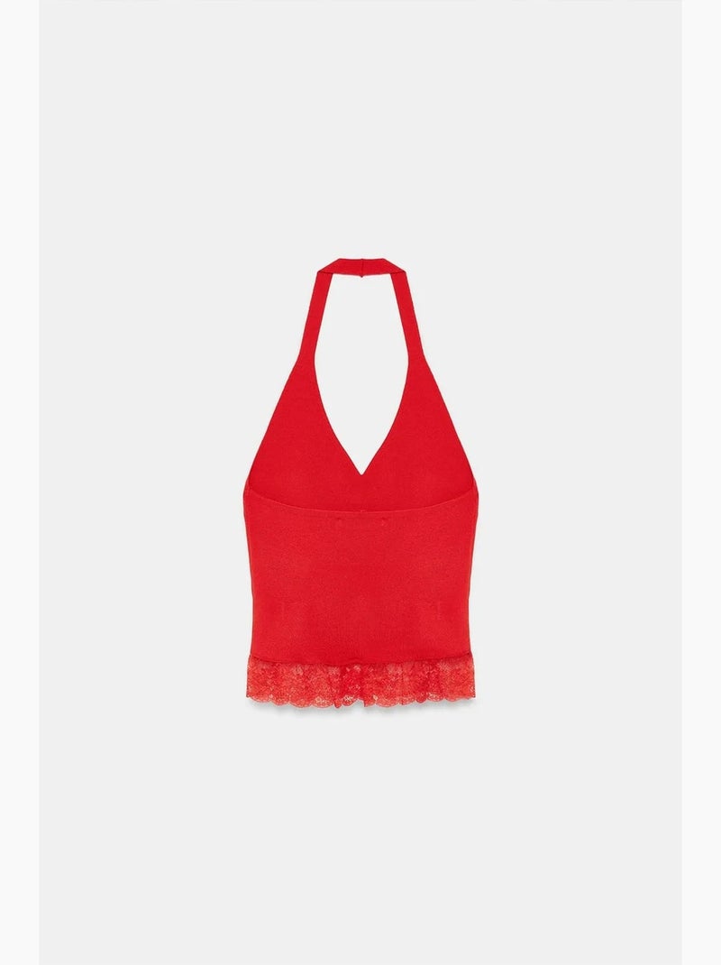 Top canelado decote v renda dilvin Vermelho carmim - Kiabi