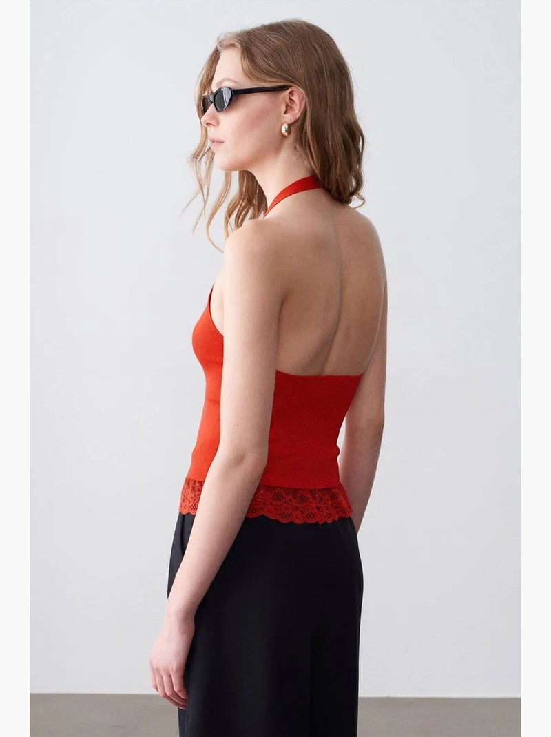 Top canelado decote v renda dilvin Vermelho carmim - Kiabi