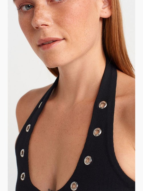Top canelado gola halter detalhe strass dilvin - Kiabi Top canelado gola halter detalhe strass dilvin - Kiabi