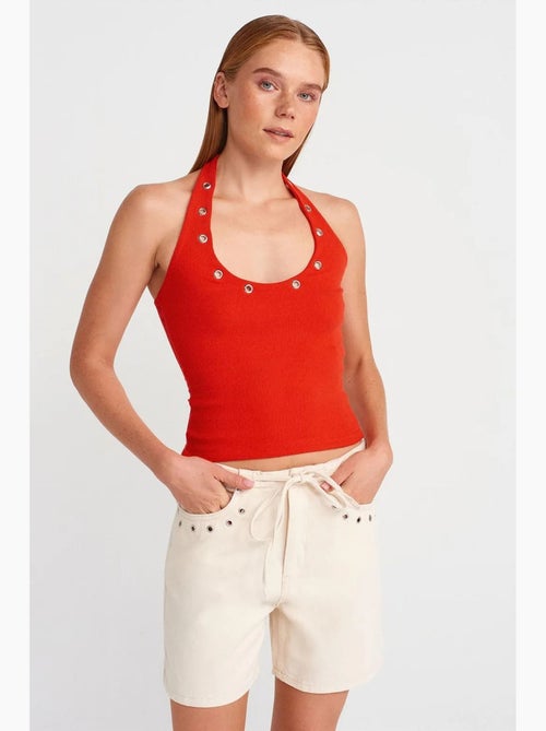 Top canelado gola halter detalhe strass dilvin - Kiabi Top canelado gola halter detalhe strass dilvin - Kiabi