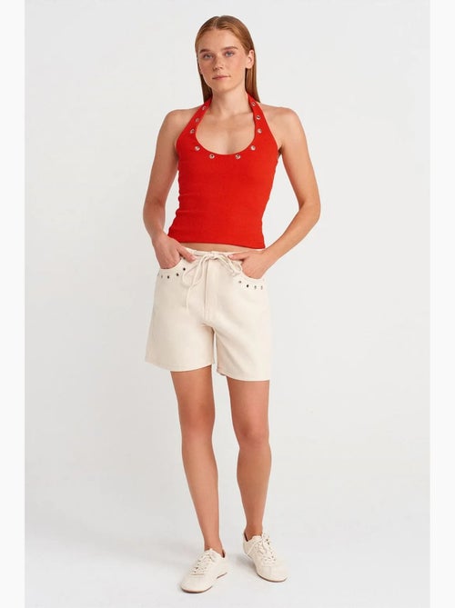 Top canelado gola halter detalhe strass dilvin - Kiabi Top canelado gola halter detalhe strass dilvin - Kiabi