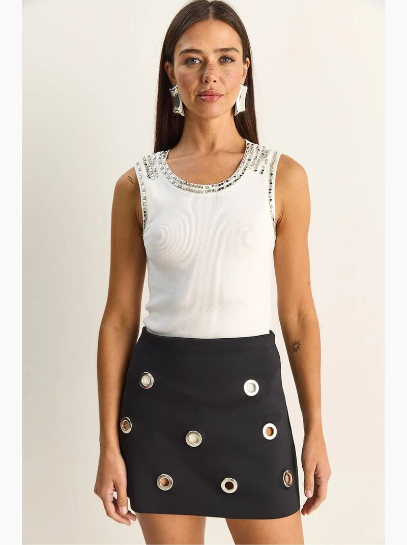 Top canelado gola redonda com strass lucci Branco - Kiabi