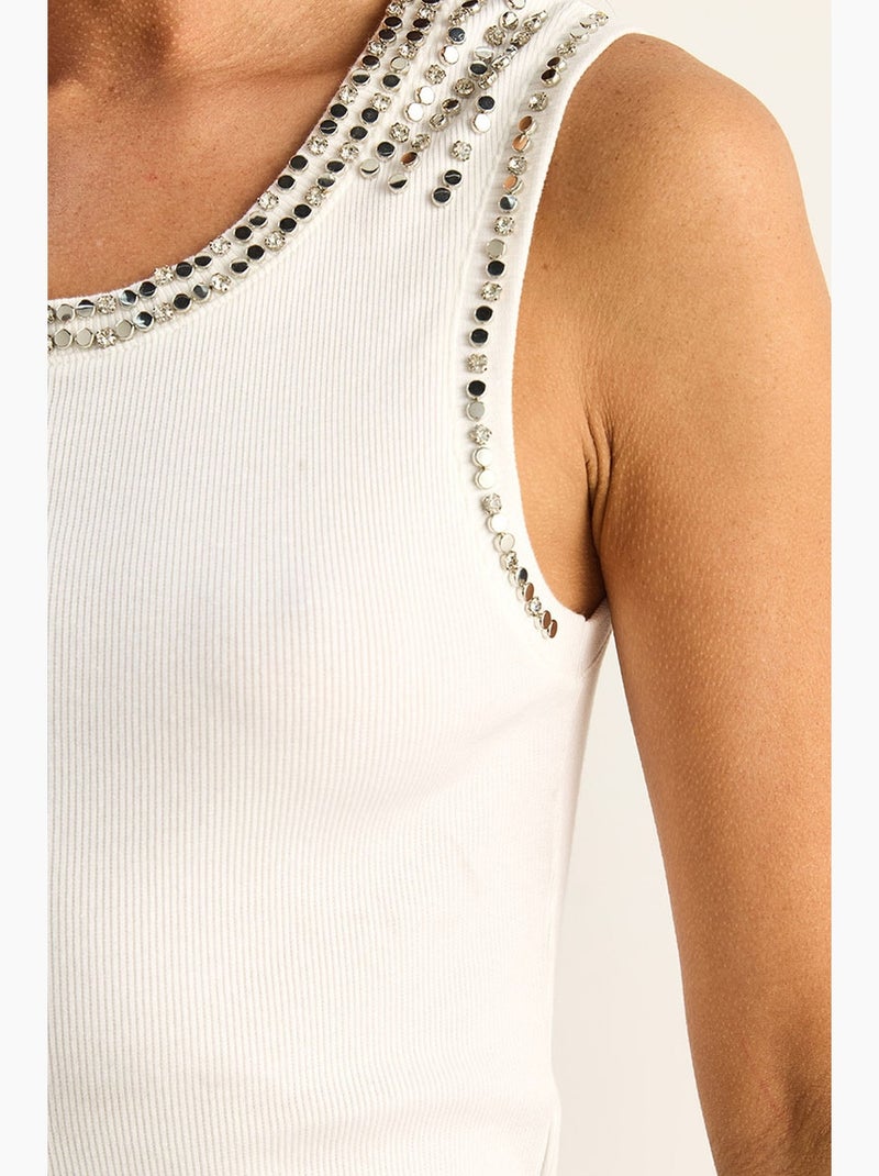 Top canelado gola redonda com strass lucci Branco - Kiabi
