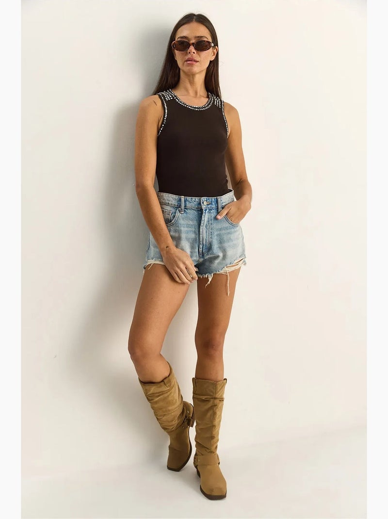 Top canelado gola redonda com strass lucci Castanho-escuro - Kiabi
