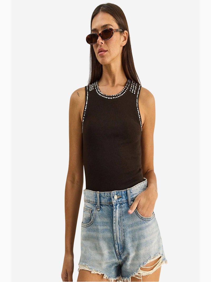 Top canelado gola redonda com strass lucci Castanho-escuro - Kiabi