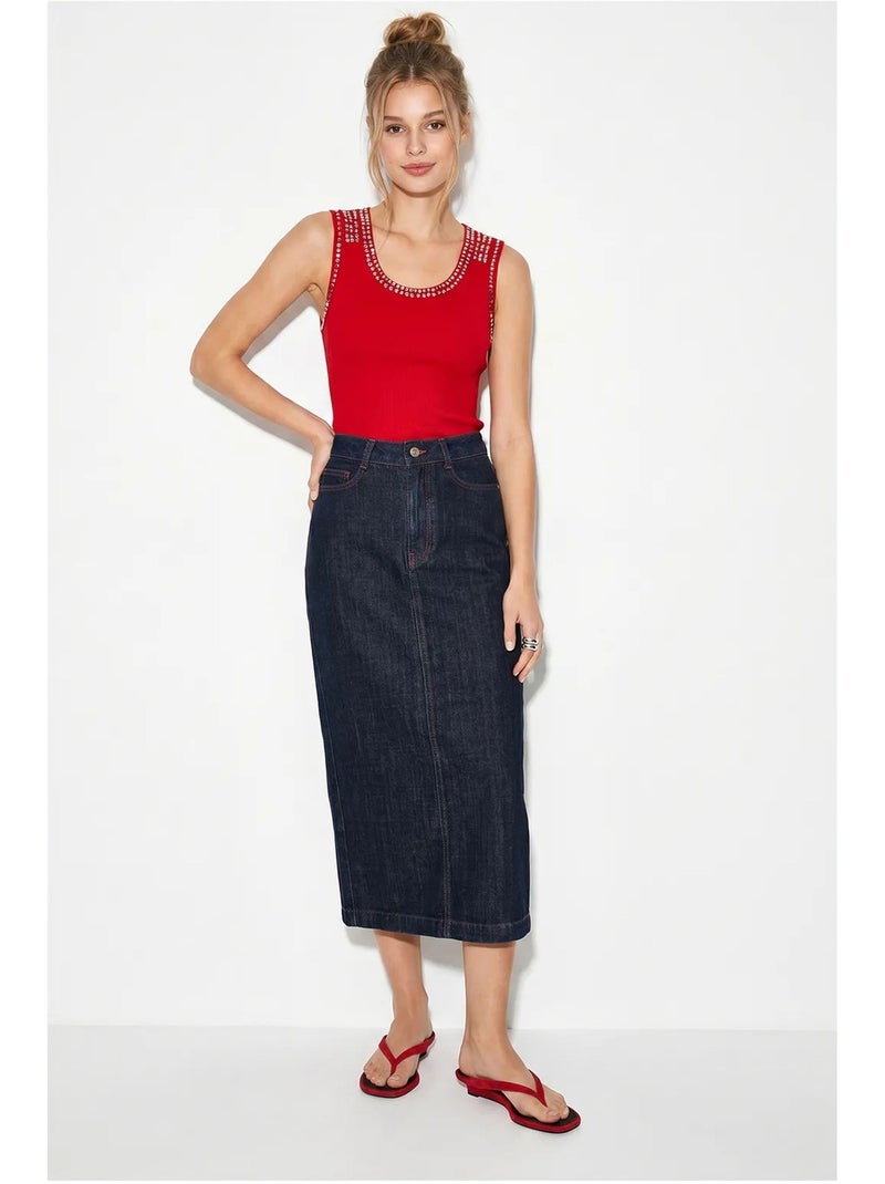 Top canelado gola redonda com strass lucci Vermelho - Kiabi
