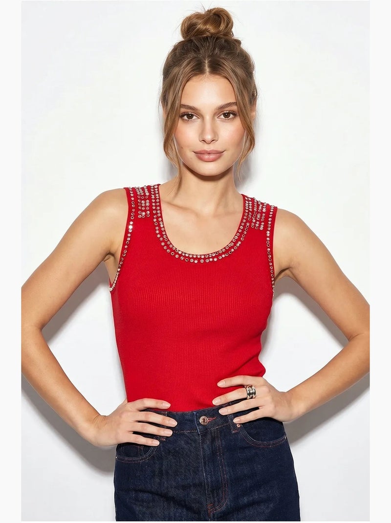 Top canelado gola redonda com strass lucci Vermelho - Kiabi