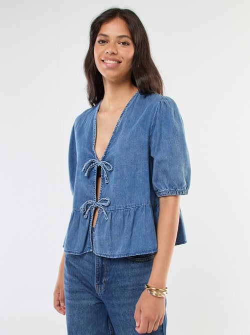 Top colete em ganga com laços para atar à frente corte cropped - Kiabi