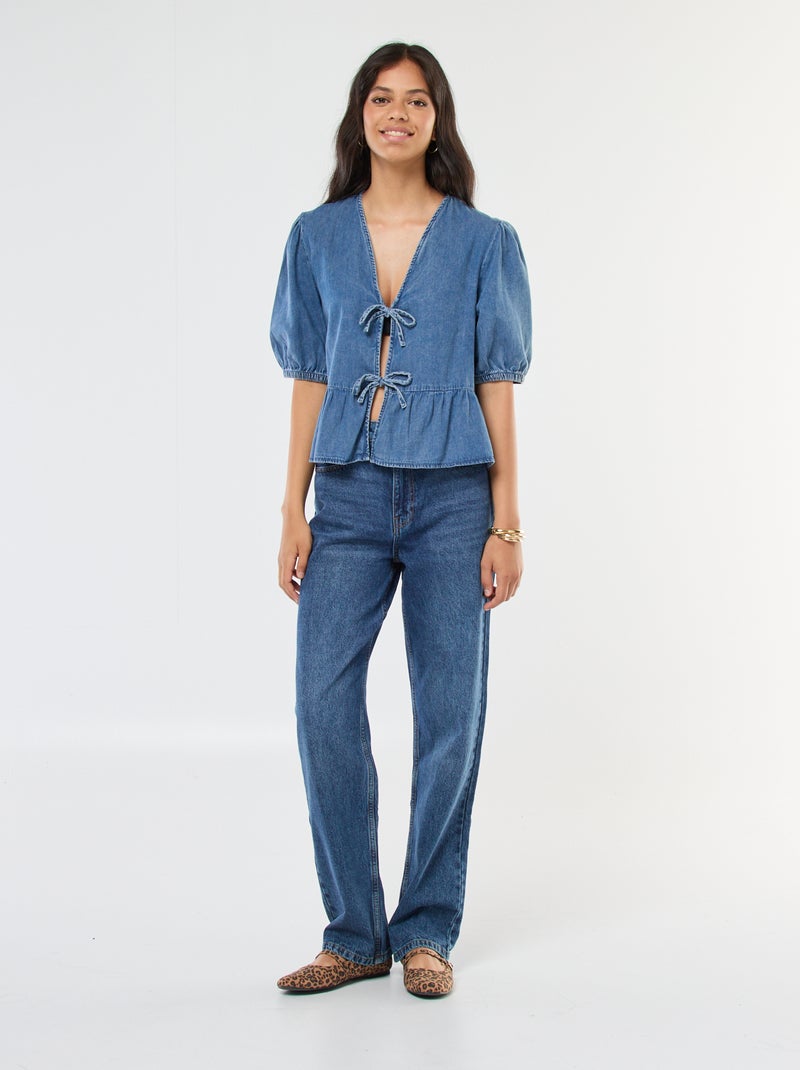 Top colete em ganga com laços para atar à frente corte cropped Azul - Kiabi