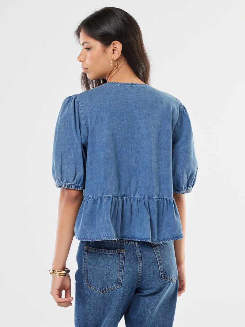 Top colete em ganga com laços para atar à frente corte cropped Azul - Kiabi