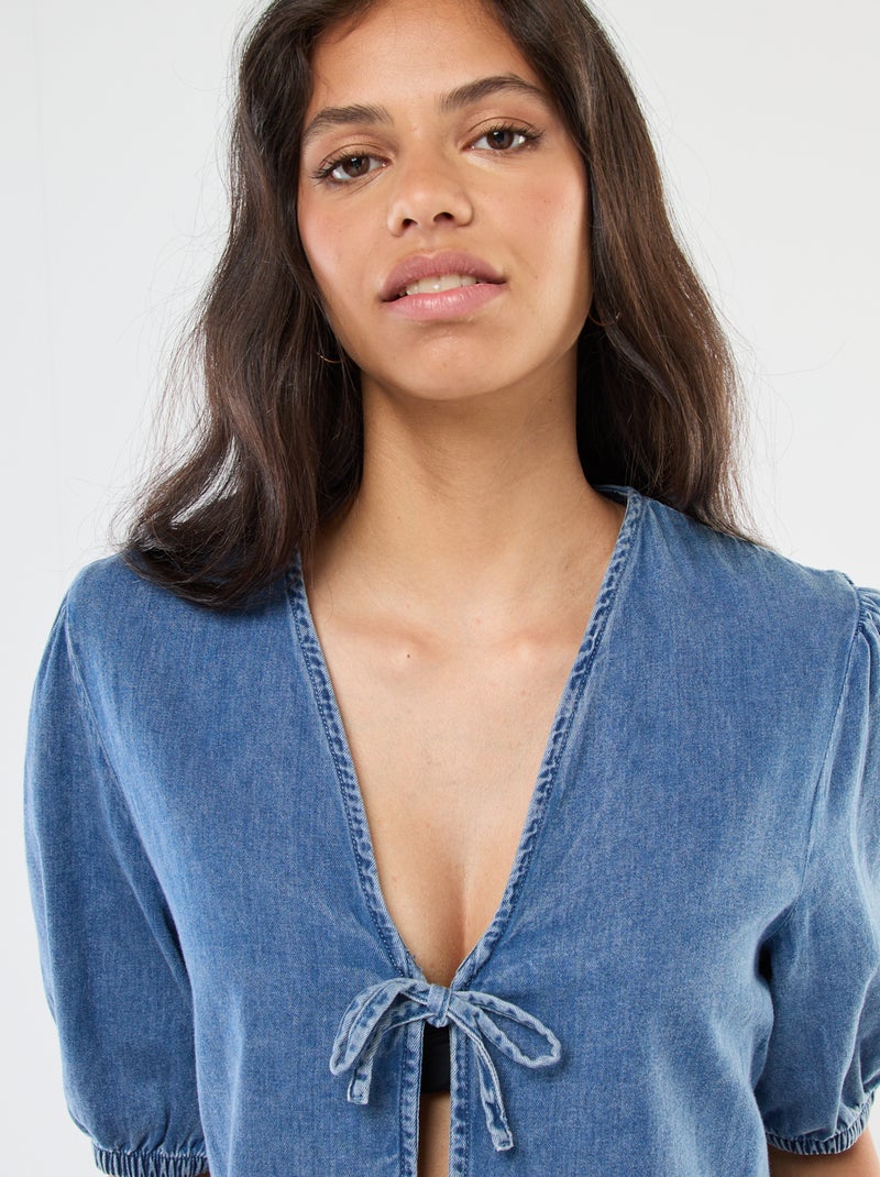 Top colete em ganga com laços para atar à frente corte cropped Azul - Kiabi